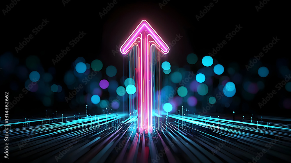 Poster neon pink arrow rising from futuristic blue data stream on dark background with bokeh lights symboli