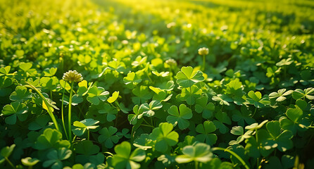 Lush emerald green fields dotted with lucky clovers shimmer under the soft sunlight of St. Patrick&rsquo;s Day