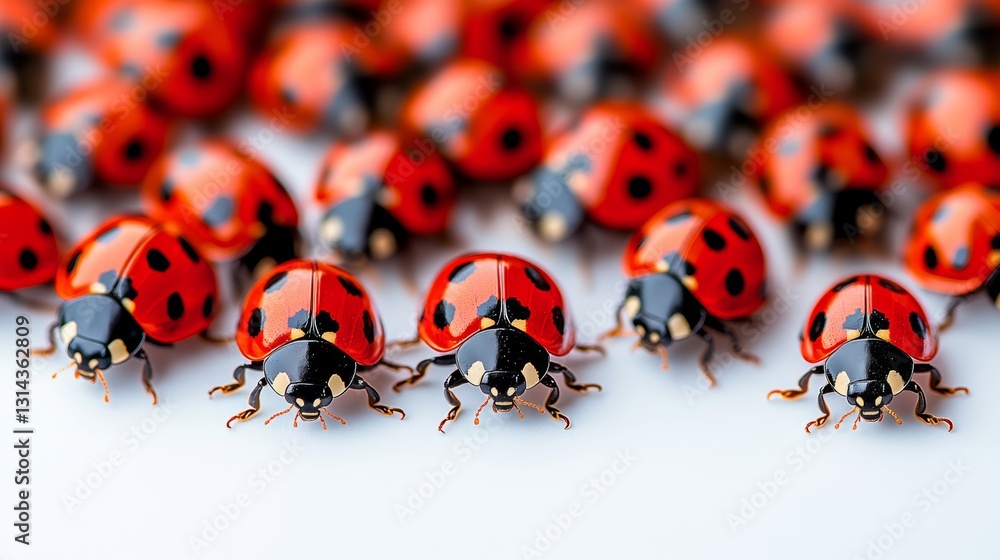 Poster group of red ladybugs are standing in a row. the ladybugs are all facing the same direction
