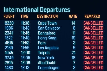 Obraz premium Arrival departure board, cancelled flight. Tourism, business, travel destination, problems, flight table. 3D illustration