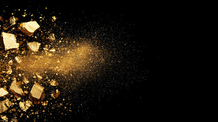 Dynamic Explosion Of Gold Glitter And Fragments Against A Dark Background With Bright Glowing Particles
