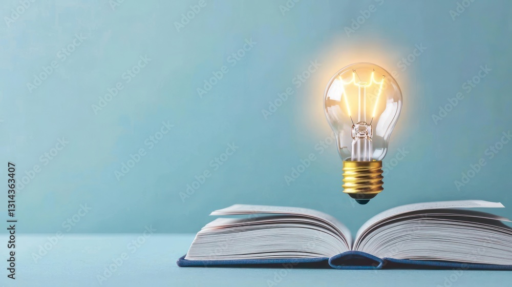 Poster lit lightbulb hovering above an open book on blue background representing education and knowledge
