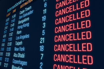 Obraz premium Close up arrival departure board, cancelled flight. Flight table, imformation medium, all flight are cancelled, travel, tourism. 3D illustration