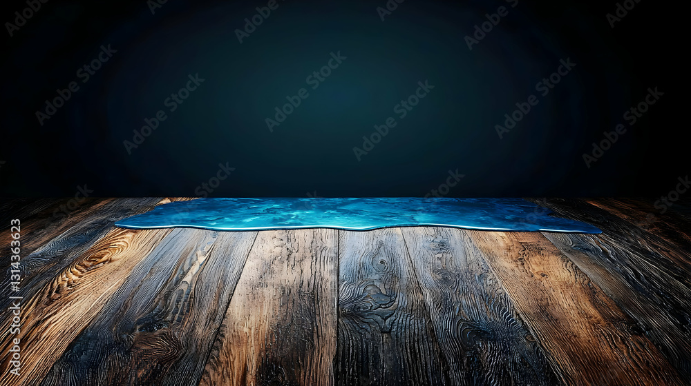 Poster dark wooden table with glowing blue surface backdrop empty space for product placement presentation 
