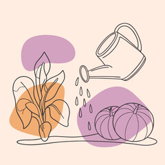 Minimalist line art with watering can and vegetable plants in pastel tones, perfect for gardening, eco-friendly planting, vegetable cultivation and sustainable illustrations.
