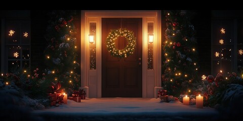 Christmas Doorway with Candlelight Wreath and Twinkling Lights for Festive Holiday Atmosphere
