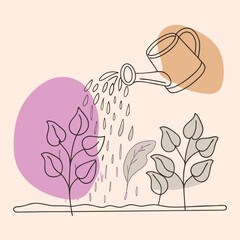Minimalist pastel illustration with watering can watering plants, symbolizing eco-friendly gardening, plant nurturing, sustainable lifestyle, growth, and botanical themes.
