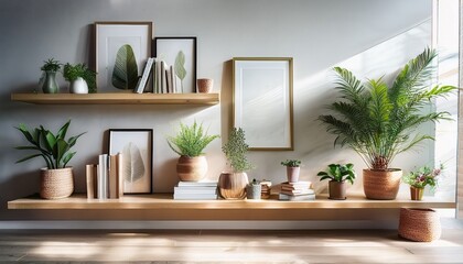 Cozy Minimalist Home Decor Shelves Displaying Houseplants and Books: Zoom Virtual Background, Cozy Interior Backdrop, Living Room Background for Virtual Meetings, Deep and Sophisticated, wall
