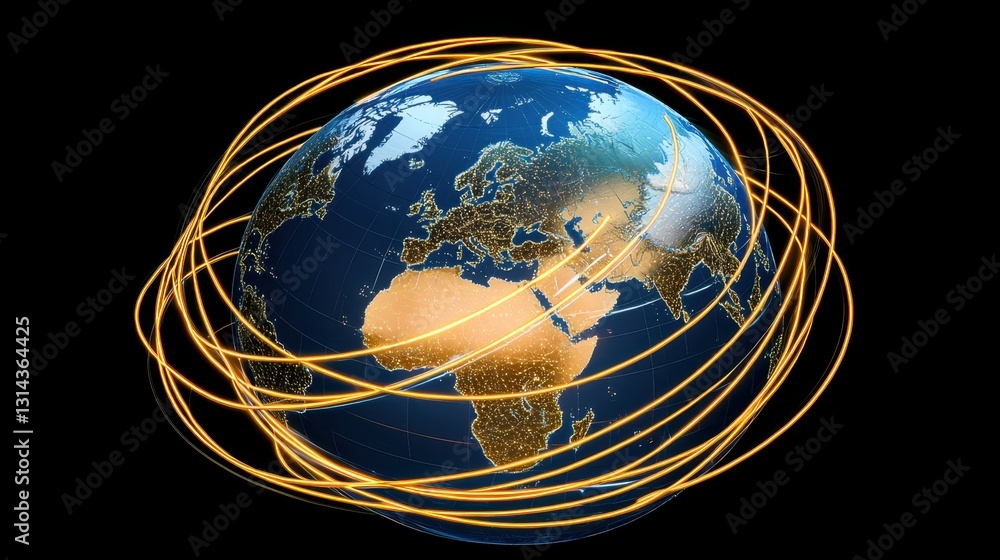 Poster futuristic 3d earth with glowing neon lines representing global data transfer, showcasing the interc