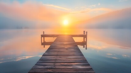 Fototapeta premium Tranquil Sunrise Meditation on Serene Wooden Dock Overlooking Misty Lake