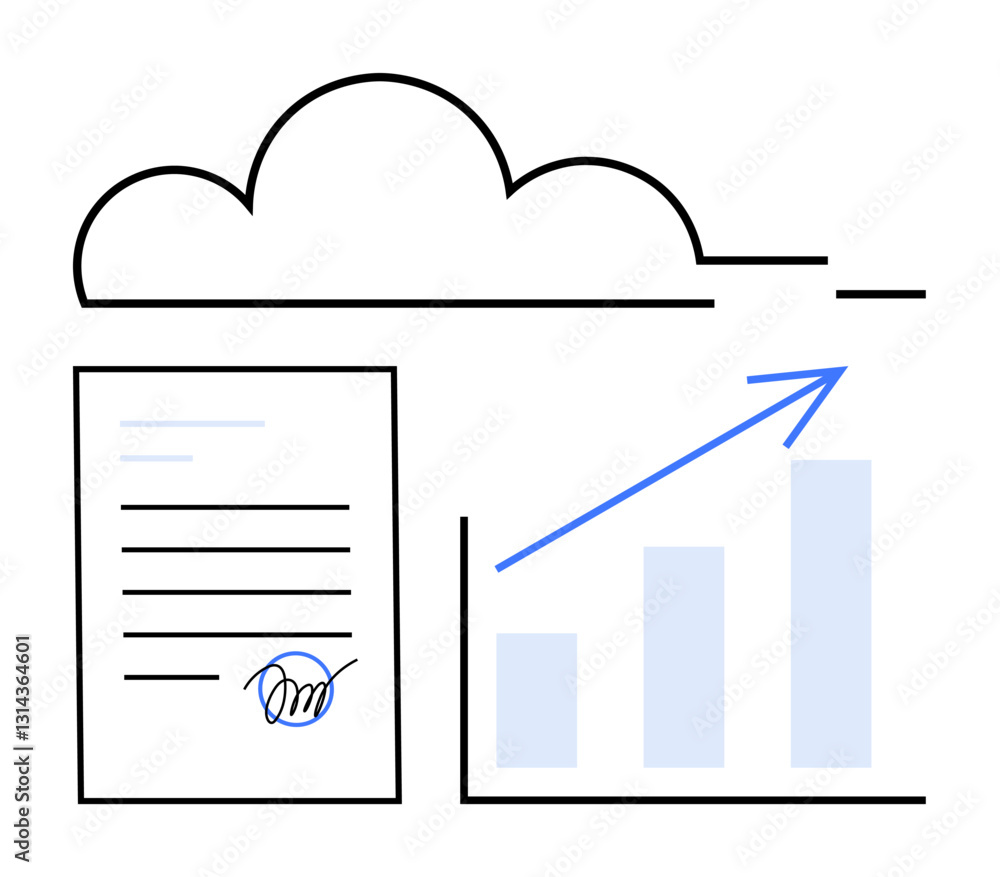 Poster cloud framework connecting digital document with signature and upward trend analytics chart. ideal f
