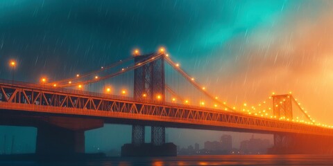 Stormy night steel bridge illuminated by golden lights urban landscape dramatic