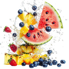 Fresh Watermelon Pineapple and Blueberries Flying and Splashing into Water Isolated on Transparent Background