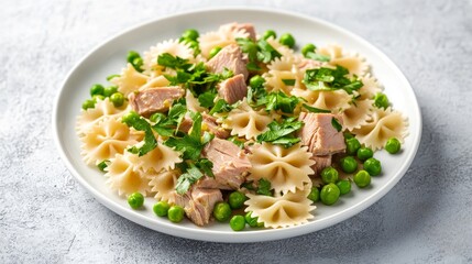 Exquisite Tuna Farfalle with Vibrant Green Peas and Fresh Parsley on a White Plate - A Culinary Masterpiece!
