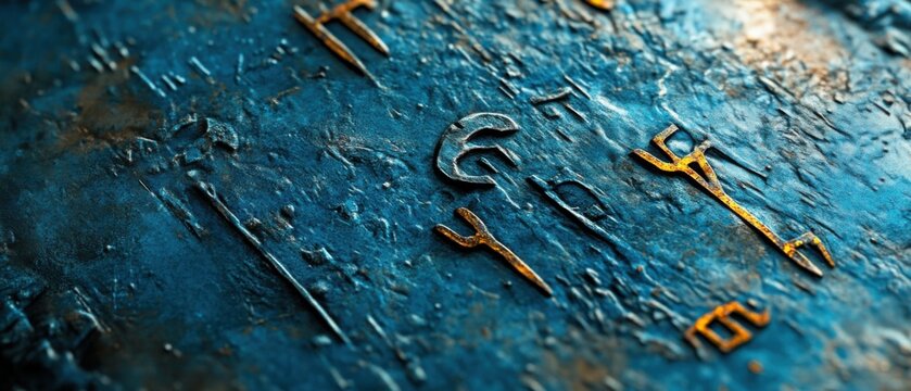 Ancient Runes Etched on Weathered Blue Stone Surface, Mystical Script and Old World Symbolism Concept of history, mythology, and archaeology