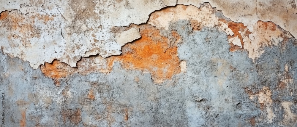 Poster weathered concrete wall with peeling paint and visible texture, creating a distressed and aged surfa