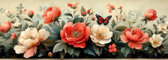 Vintage Floral Pattern with Peonies and Butterflies in Soft Pastel Colors for Textile and Wallpaper Design