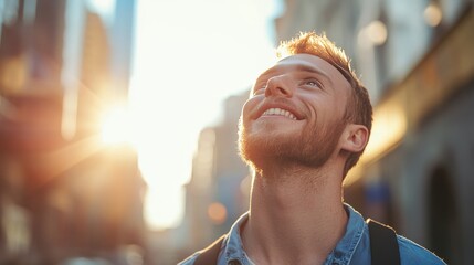 Smiling Man Gazing Up at the Sky in the City: A Portrait of Joy, Travel, and Urban Adventure on a Sunny Day