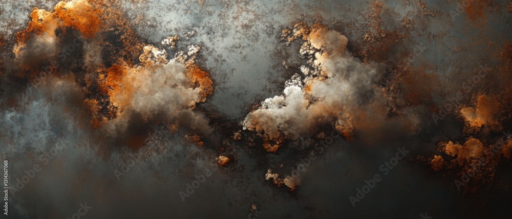 Poster abstract fractal background with rusty texture and smoky clouds in dark moody tones, creating a dram