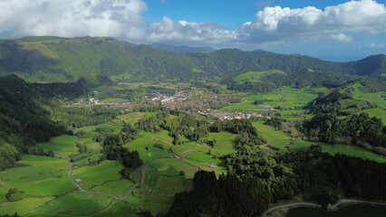 Lush Green Valley and Village Amidst Mountains &ndash; Azores, Portugal