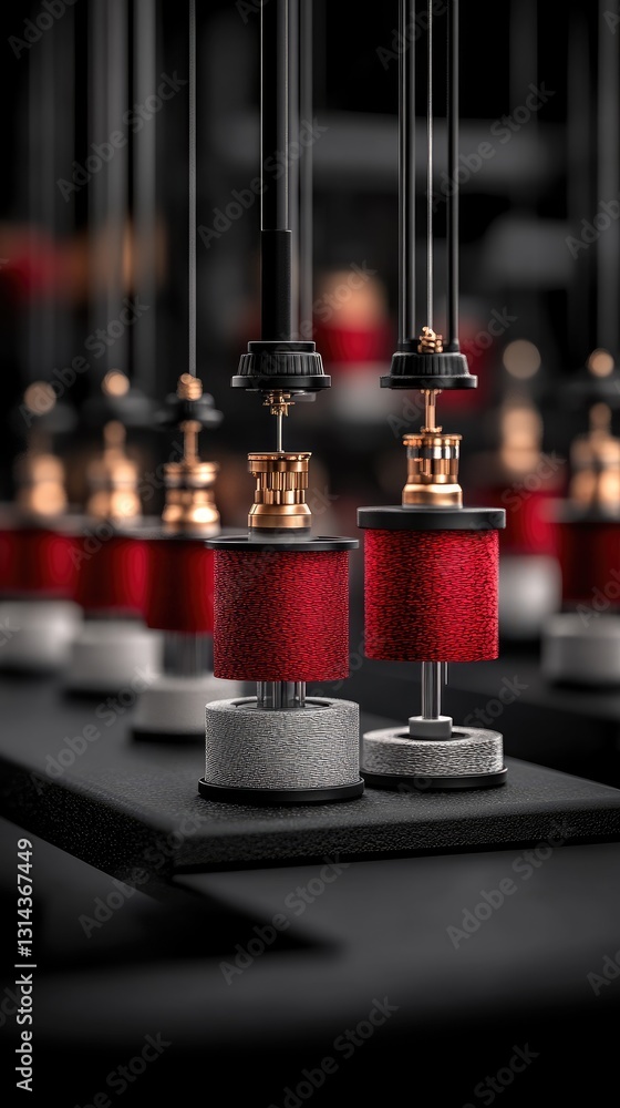 Poster steel spools display intricate textures, enhanced by red light reflections, forming an abstract back