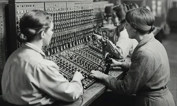 Vintage image of telephone operators using an intricate switchboard to connect calls.
