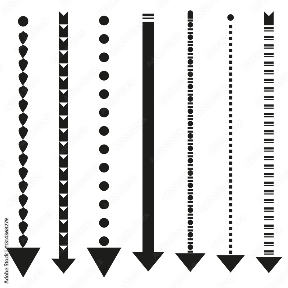 Poster arrow downward pattern. black direction symbol. graphic pointing element. straight vector design.