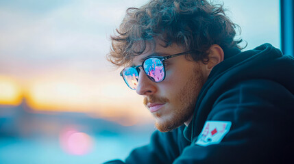 Brooding Reflection: A contemplative soul looks out to dawn, wearing shades reflecting an abstract cityscape.