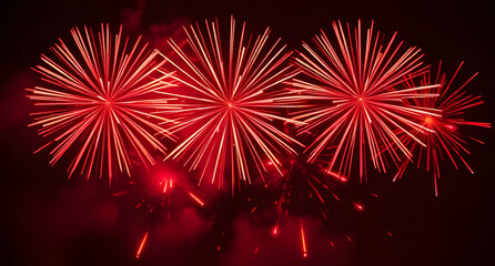 Vibrant red fireworks night sky abstract background. Explosive excitement