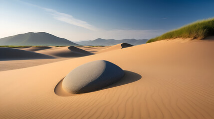 A tranquil sand landscape with a smooth stone on a mound.