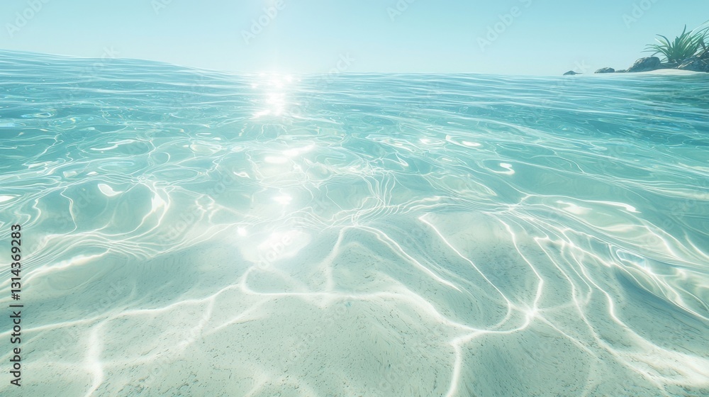 Poster hyper-realistic ocean wave ripples under the summer sunlight, creating a refreshing shimmer with a t