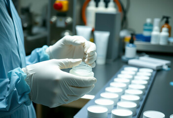 In a sterile lab, a worker in gloves prepares cosmetic products in containers while overseeing the packaging process on a clean surface.