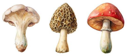 Colorful mushroom illustrations, detailed textures, botanical art, nature-inspired design, educational purpose.