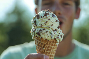 A delicious double scoop of mint chocolate chip ice cream in a waffle cone, held by a person.