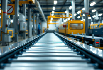 Automated roller conveyor transports products efficiently within a large manufacturing space during a busy production period.