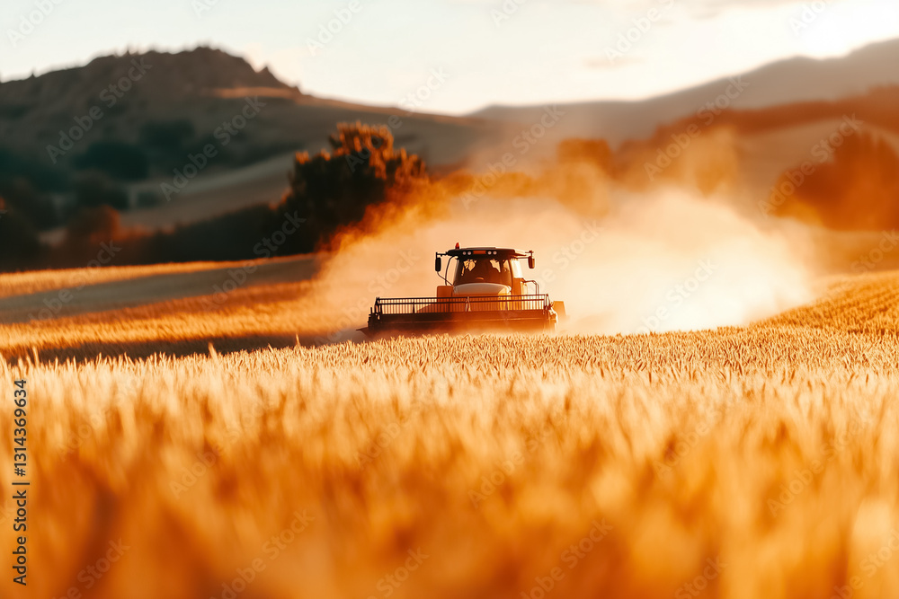 Aufkleber a combine harvester navigates a vast wheat field, creating a cloud of dust that sparkles in the warm