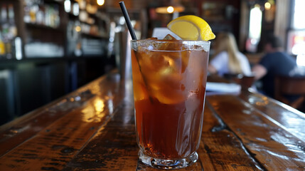Chilled Iced Tea with Lemon Garnish in a Rustic Bar Setting with Warm Ambience