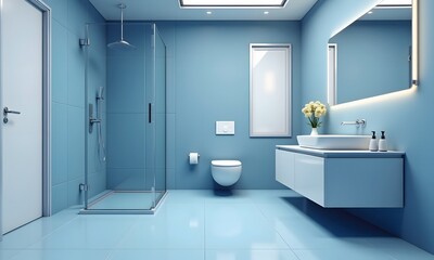 Modern Blue Bathroom with Glass Shower and Yellow Floral Accents