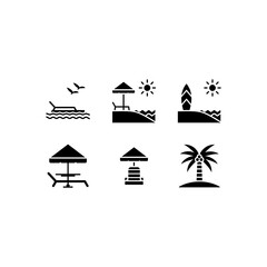 six black icons depicting beach vacation activities. Perfect for travel brochures, beach resort advertisements, or summerthemed designs. Fun and versatile graphics.