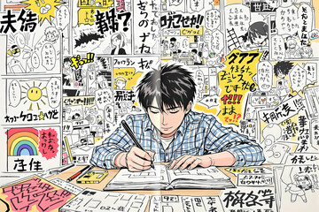 Mangaka, Le Héros du Crayon, illustration qui montre la naissance d’un manga