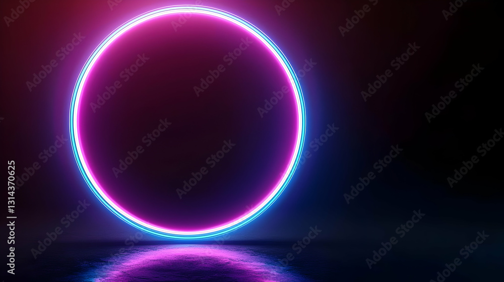 Poster vivid pink and blue neon glowing circle on a reflective dark surface in a futuristic setting with a 