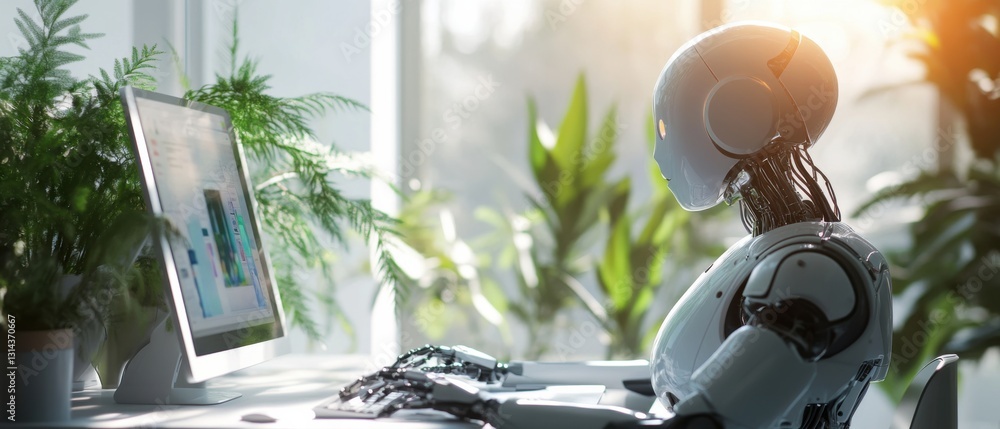 Poster futuristic robot working on computer in bright office with plants concept of artificial intelligence