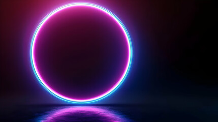 Obraz premium Vivid Pink And Blue Neon Glowing Circle On A Reflective Dark Surface In A Futuristic Setting With A Subtle Gradient Effect