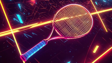Neon-lit badminton artwork, featuring racket swings in motion lines, abstract action with shadow highlights, glowing colors on a dark background.