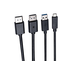 DisplayPort, USB Type C and USB Type A cables isolated on transparent background.