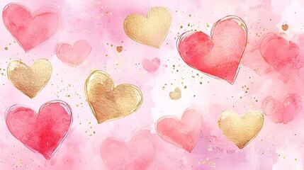 Fototapeta premium Elegant Watercolor Hearts with Golden Accents on Soft Pink Background