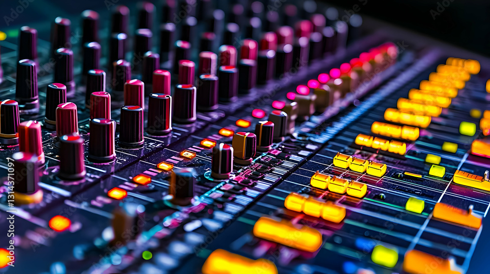 Poster professional audio mixing console with illuminated colorful knobs and faders in a dark studio settin