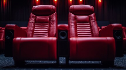 Obraz premium Opulent Red Leather Seats in a Modern Cinema Theater for an Immersive Film Experience