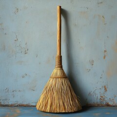 Wooden broom with golden bristles on white background