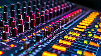 Fototapeta premium Professional Audio Mixing Console With Illuminated Colorful Knobs And Faders In A Dark Studio Setting For Music Production